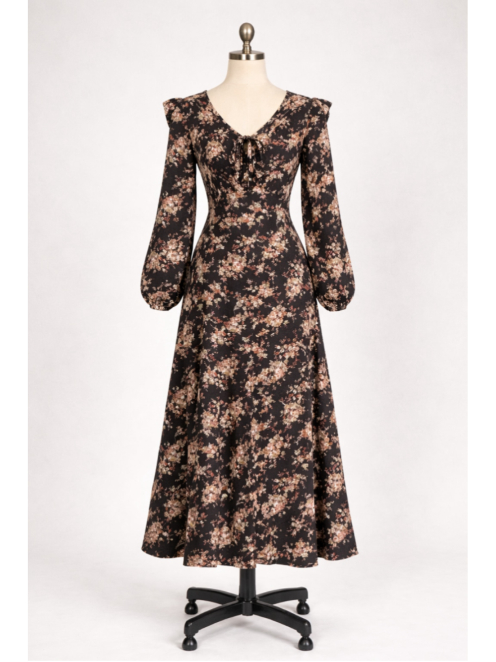 VTG Floral Midi Button Front Dress Sheer Black Sz 8 90s Cottagecore Whimsigoth